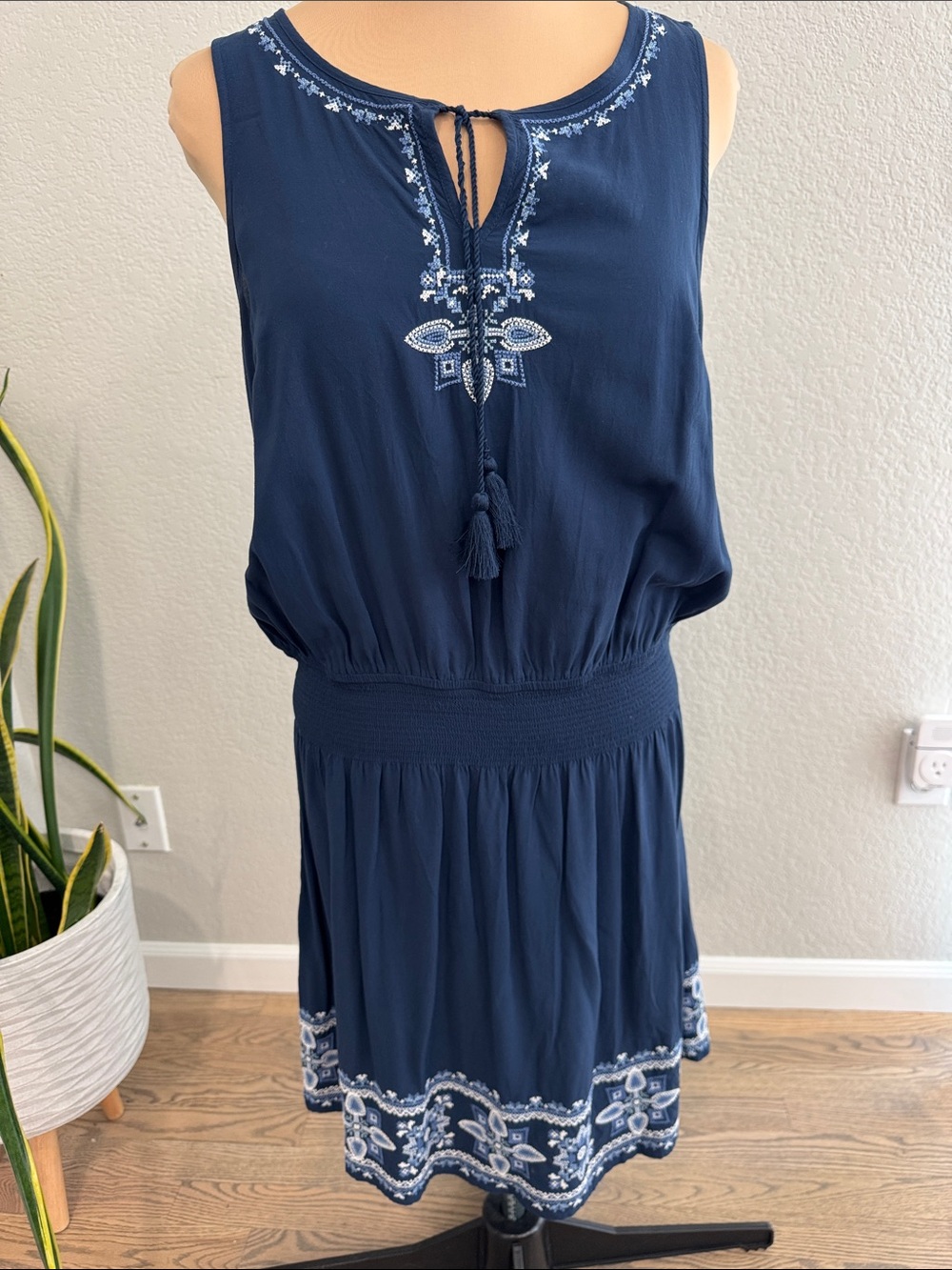 J. Jill Navy Blue Embroidered Sleeveless Mini Dress